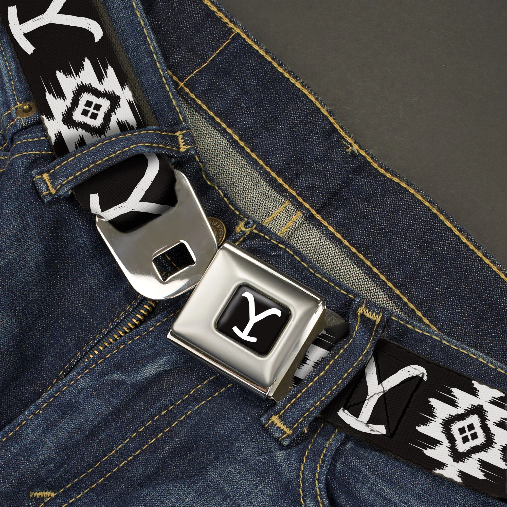 Yellowstone Y Logo Black and White Seatbelt Buckle Belt - Image 2