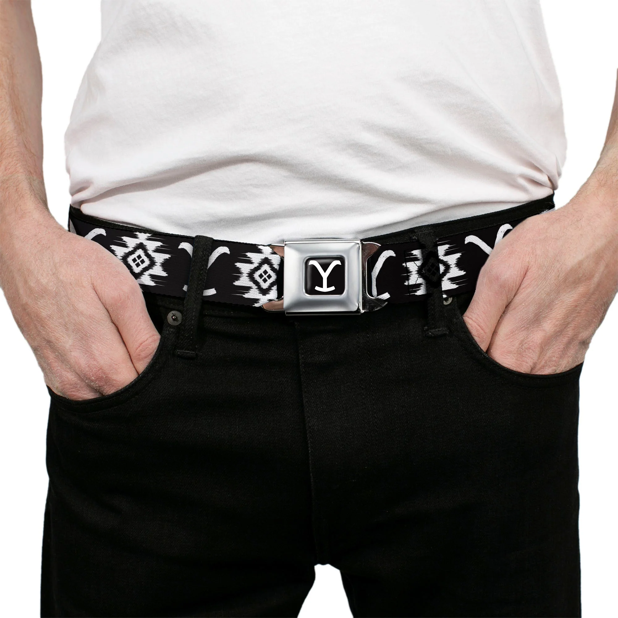 Yellowstone Y Logo Black and White Seatbelt Buckle Belt - Image 3